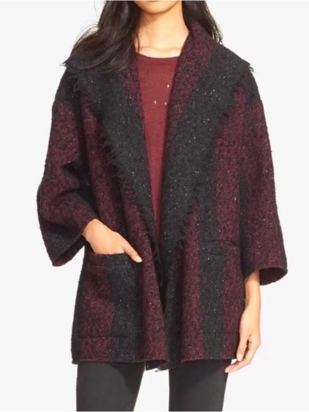 IRO Paris Bouclé Striped Open Front Jacket Coat Burgundy Black Wool Blend Size 6